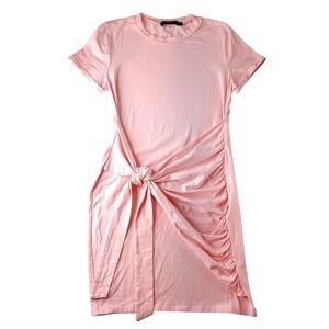 MEROKEETY Pink Short Sleeve Ruched Knot Front Midi Dress Size M